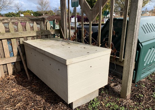 The worm bin at the Discovery Garden sits outside year around, under the shade protection. Photo by Ginny Bode / Skagit County WSU Extension Master Gardeners
