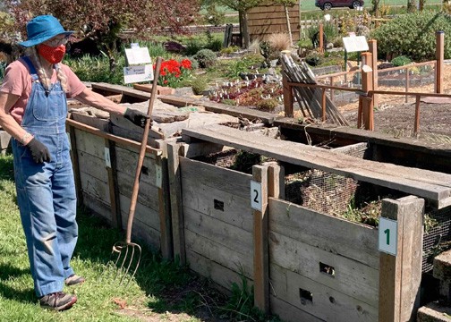 Throughout the growing season, garden waste is sorted, chopped, and chipped-- the browns and greens are com­bined and turned, giving us nutrient-rich compost in a few months.
