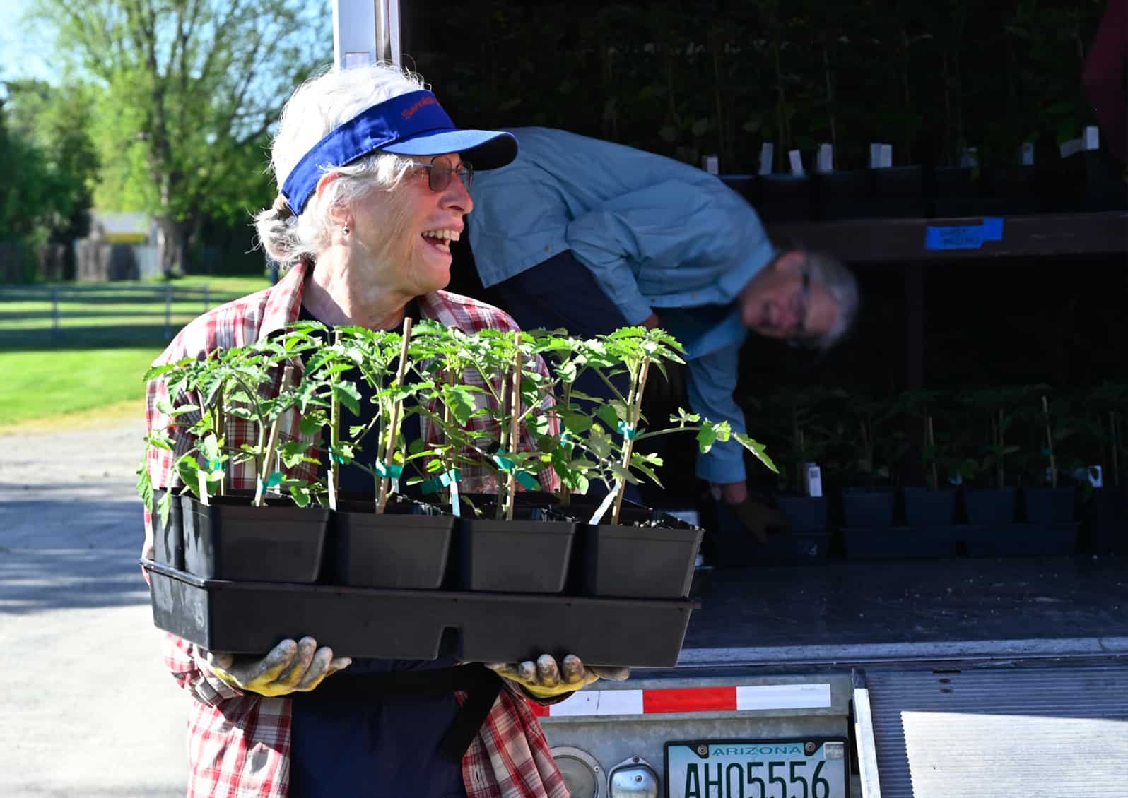 woman carrying plants