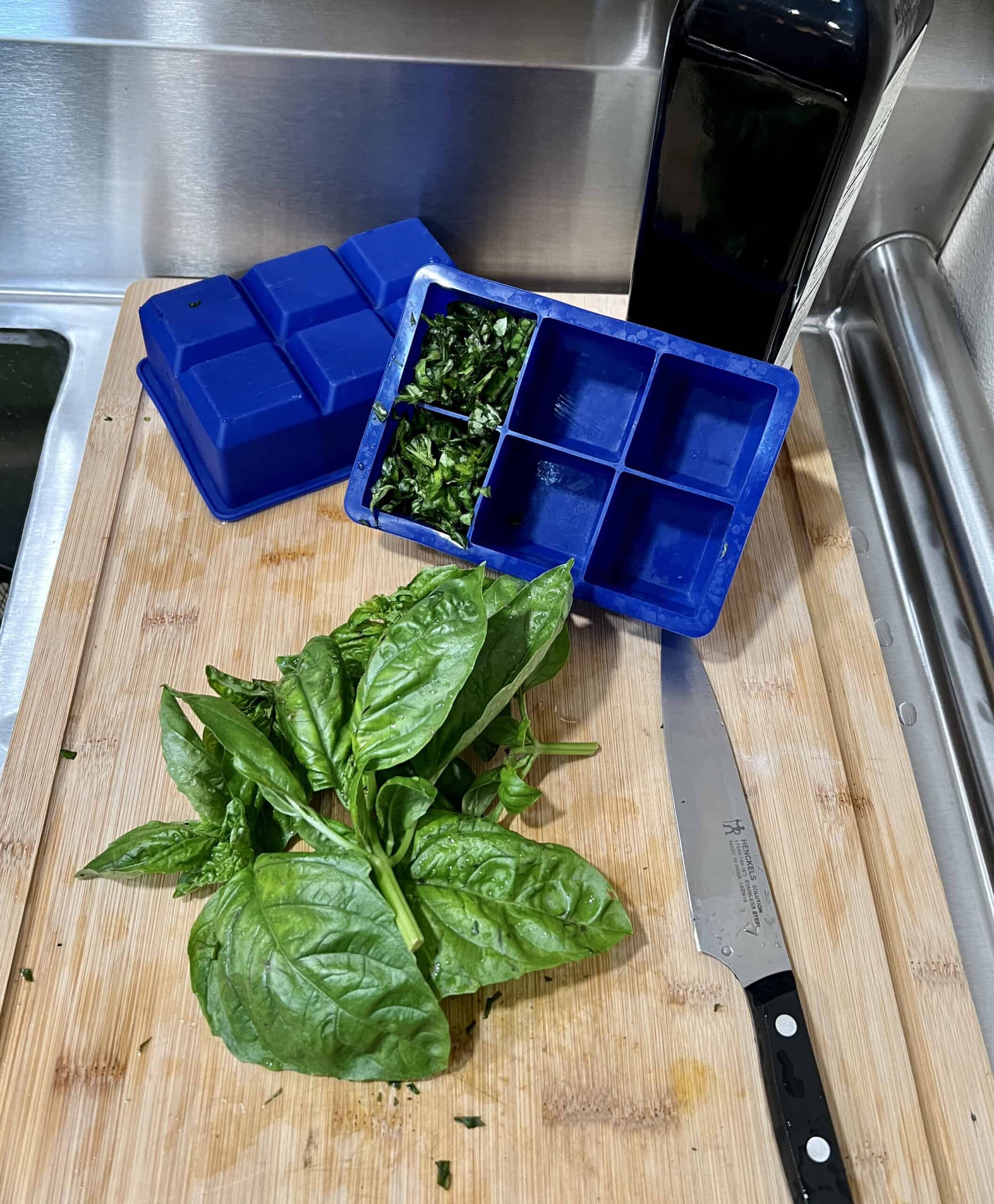 Fresh chopped basil freezes well when packed in ice cube trays then filled with water or oil. Once frozen, the basil cubes can be stored in a large freezer bag and used as needed. © Photographer: Laura Kuhn