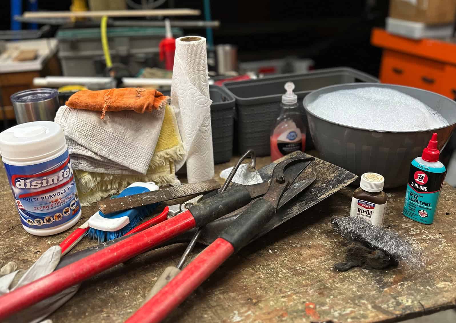 dirty tools on work table