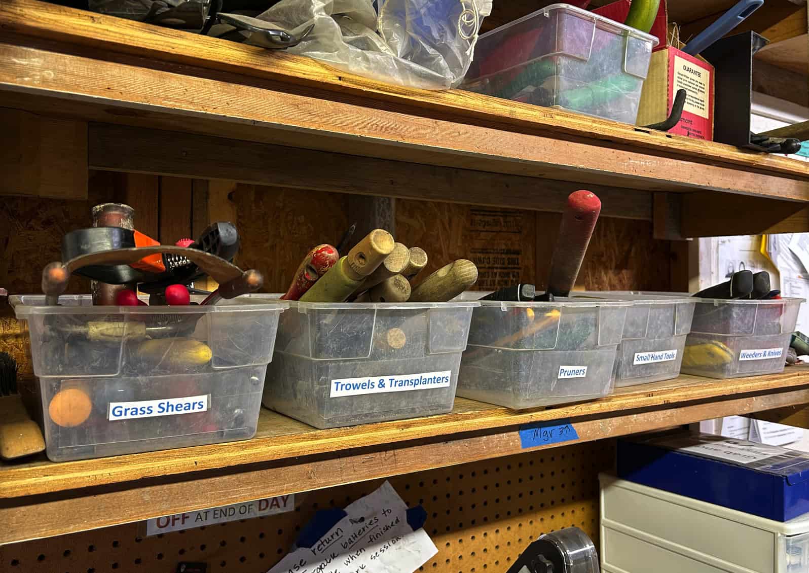 tools organized in bins