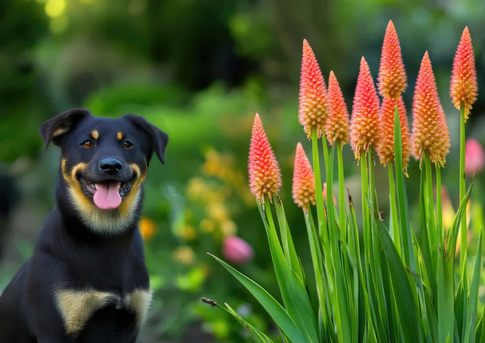 dog sitting by red hot poker plants