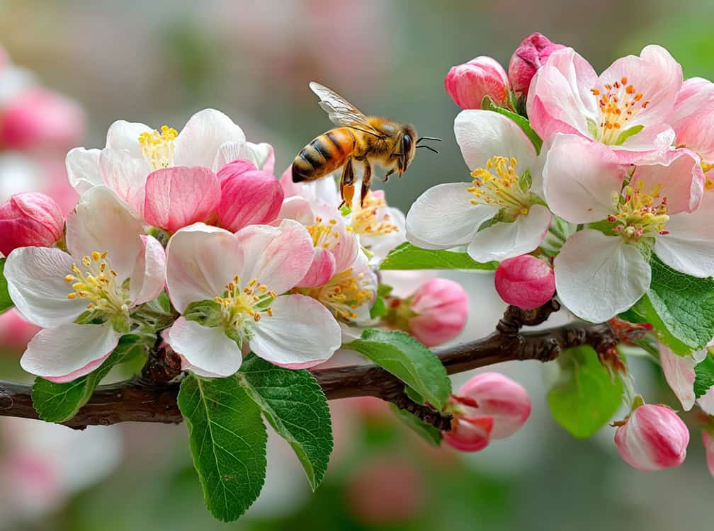 010326_horz-Pic 3 bee hovering above pink and white fruit tree blossoms