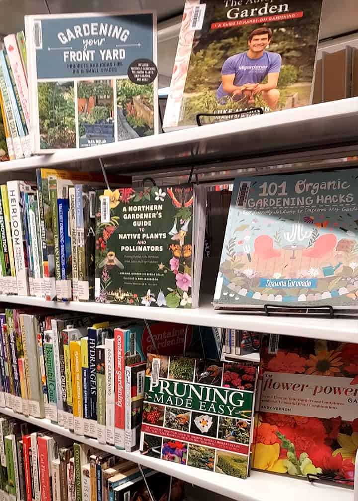 books about gardening on library shelf