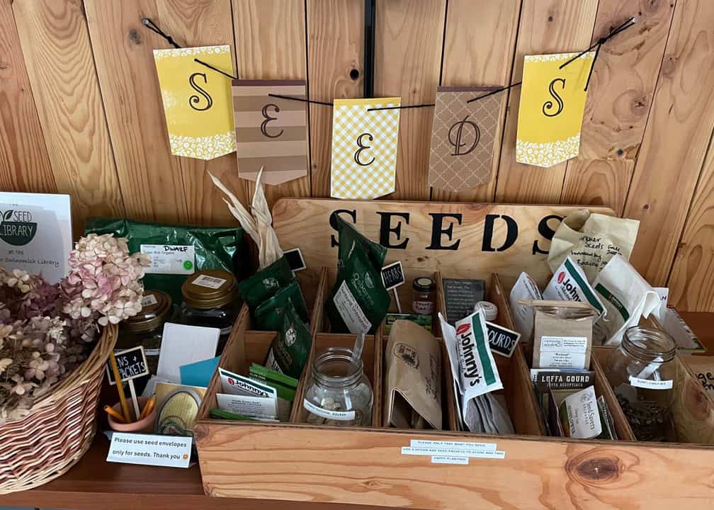 seed packets and jars in wood box