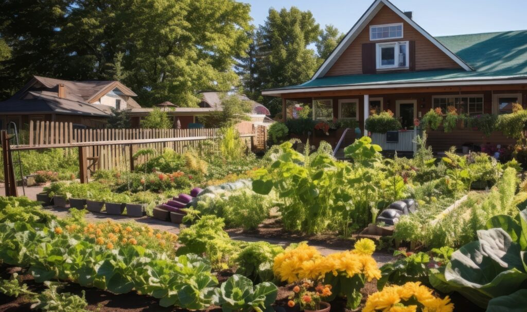 vegetable garden growing with house in background