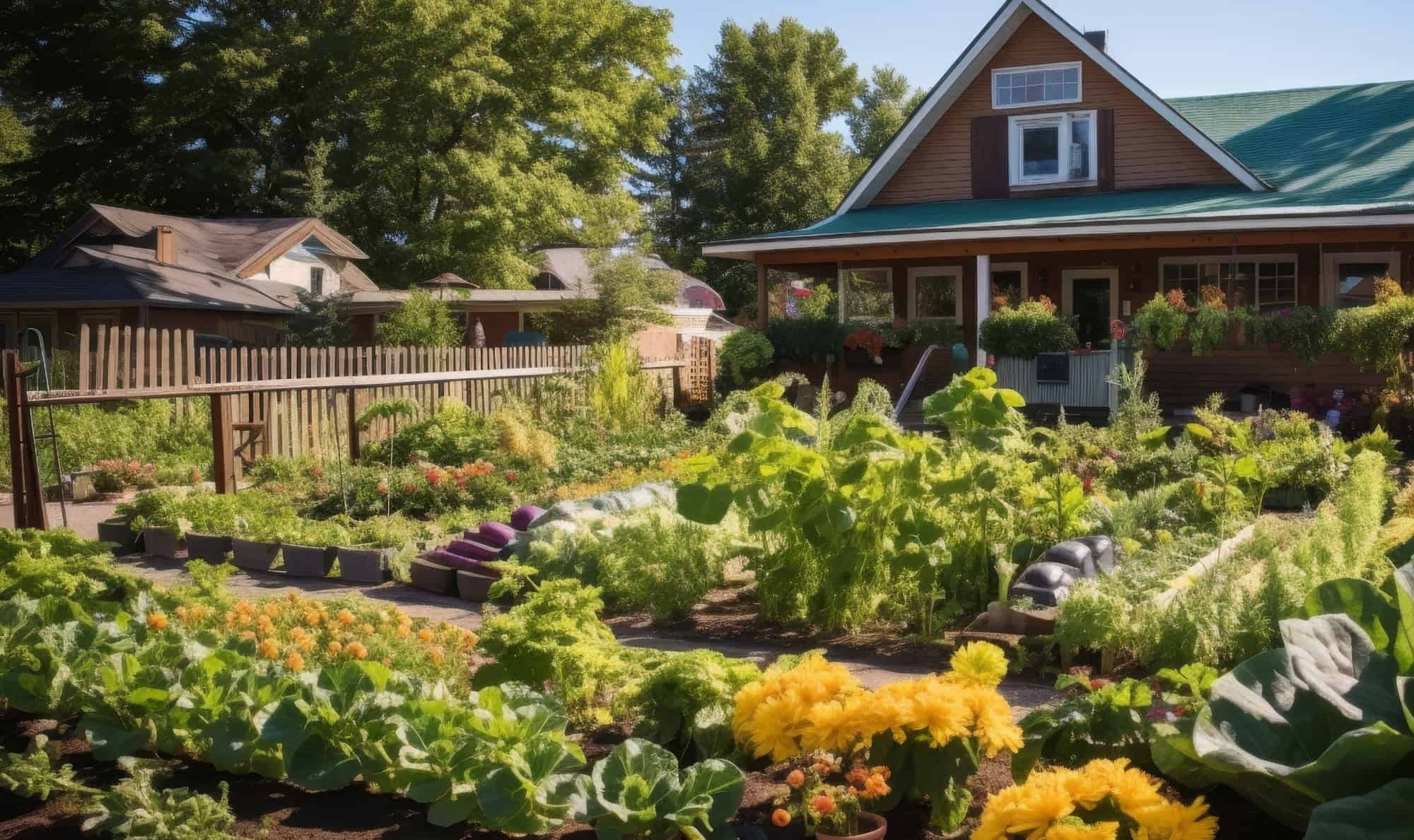 vegetable garden growing with house in background