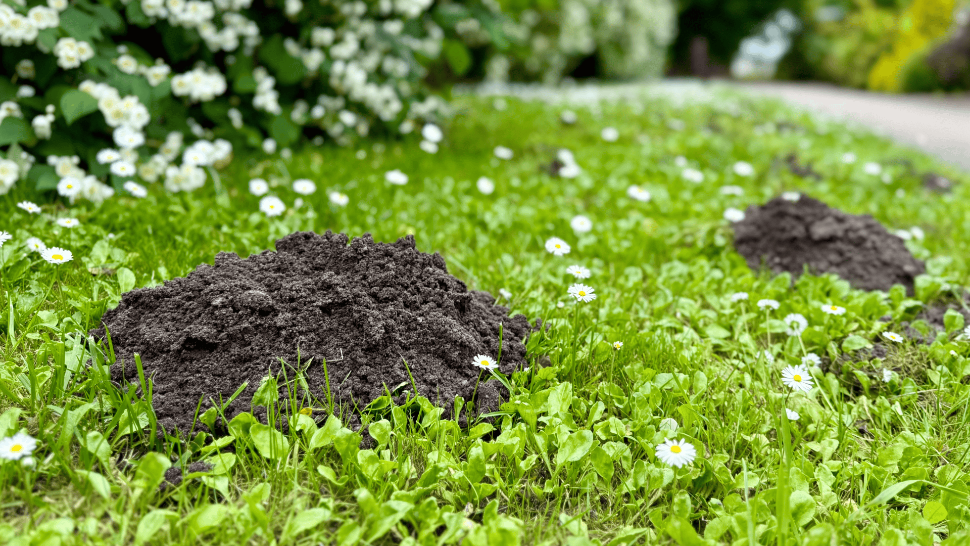 lawn with hills of dirt made by moles