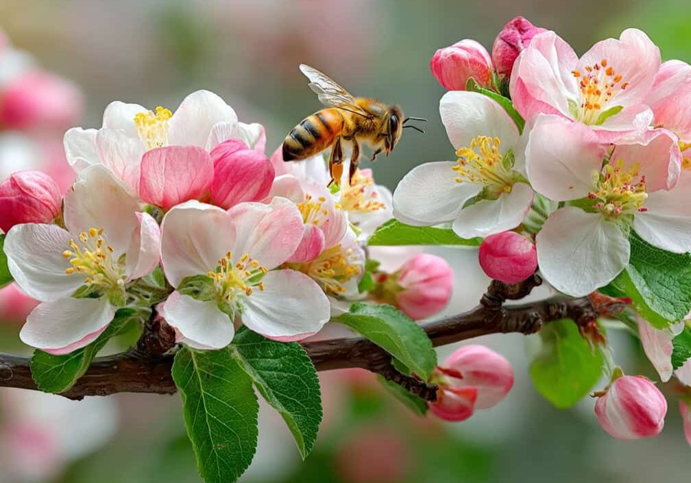 bee hovering above pink and white fruit tree blossoms