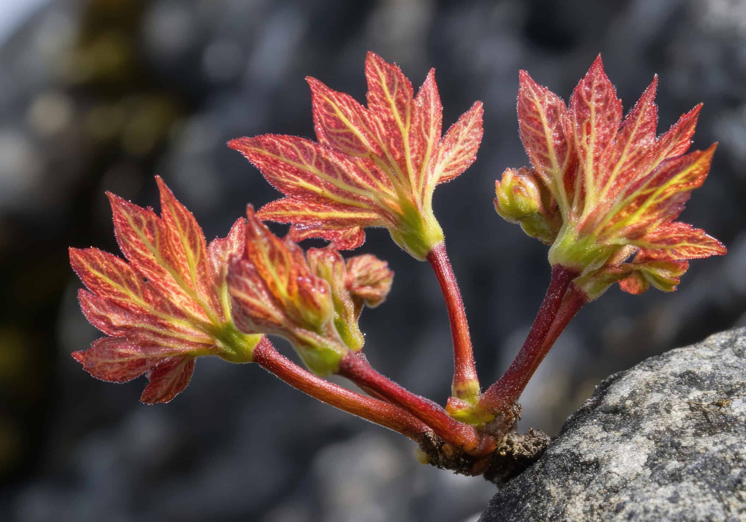 new leaves unfurling on small branches growing out of tree bark