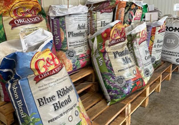 Bags of potting soil on store pallets
