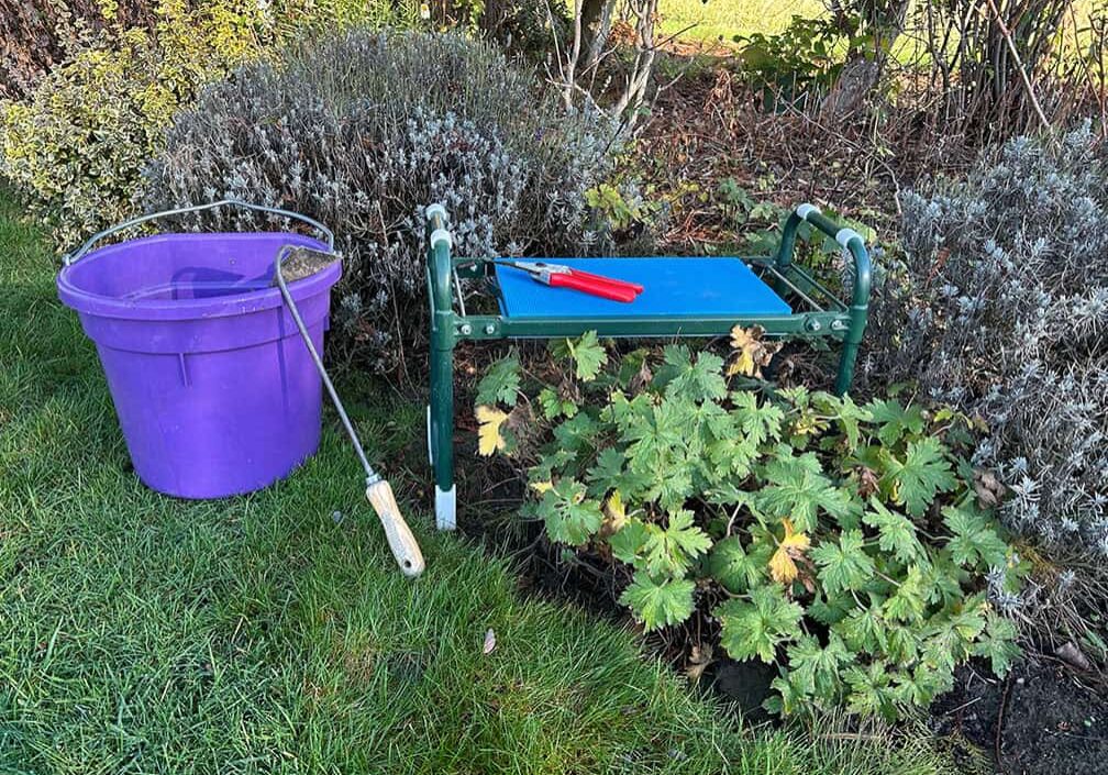padded kneeling bench in garden with weed bucket and tools