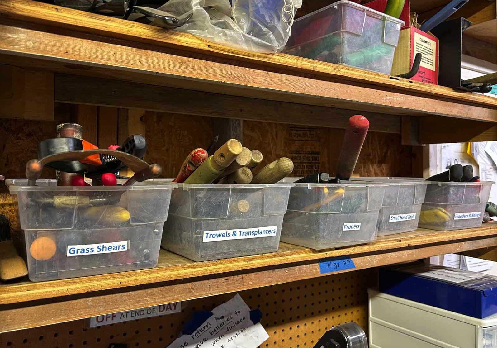 tools organized in bins