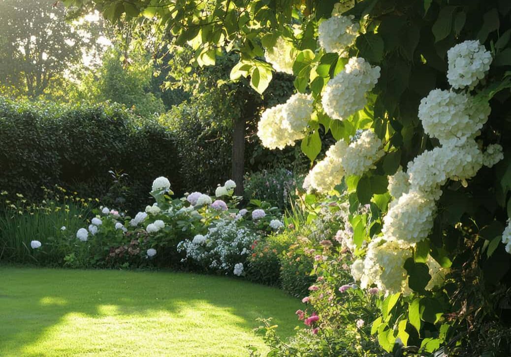25-0320_Photo_6 garden scene with hydrangeas climbing on arbor