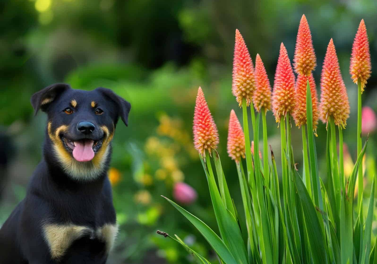 25-0517_Pic-4 dog sitting by red hot poker plants