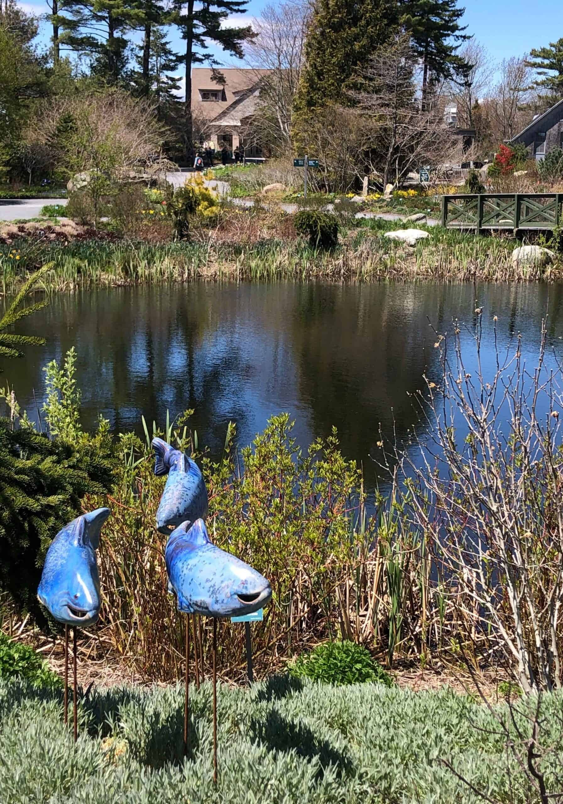 sculptural birds beside pond in garden