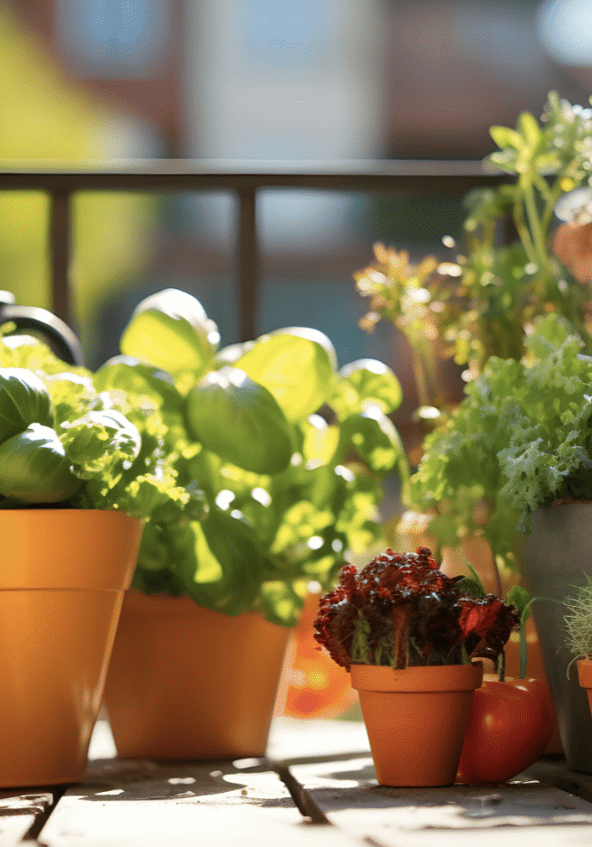 2-16-24_Herbs in Pots green plants growing in pots on patio